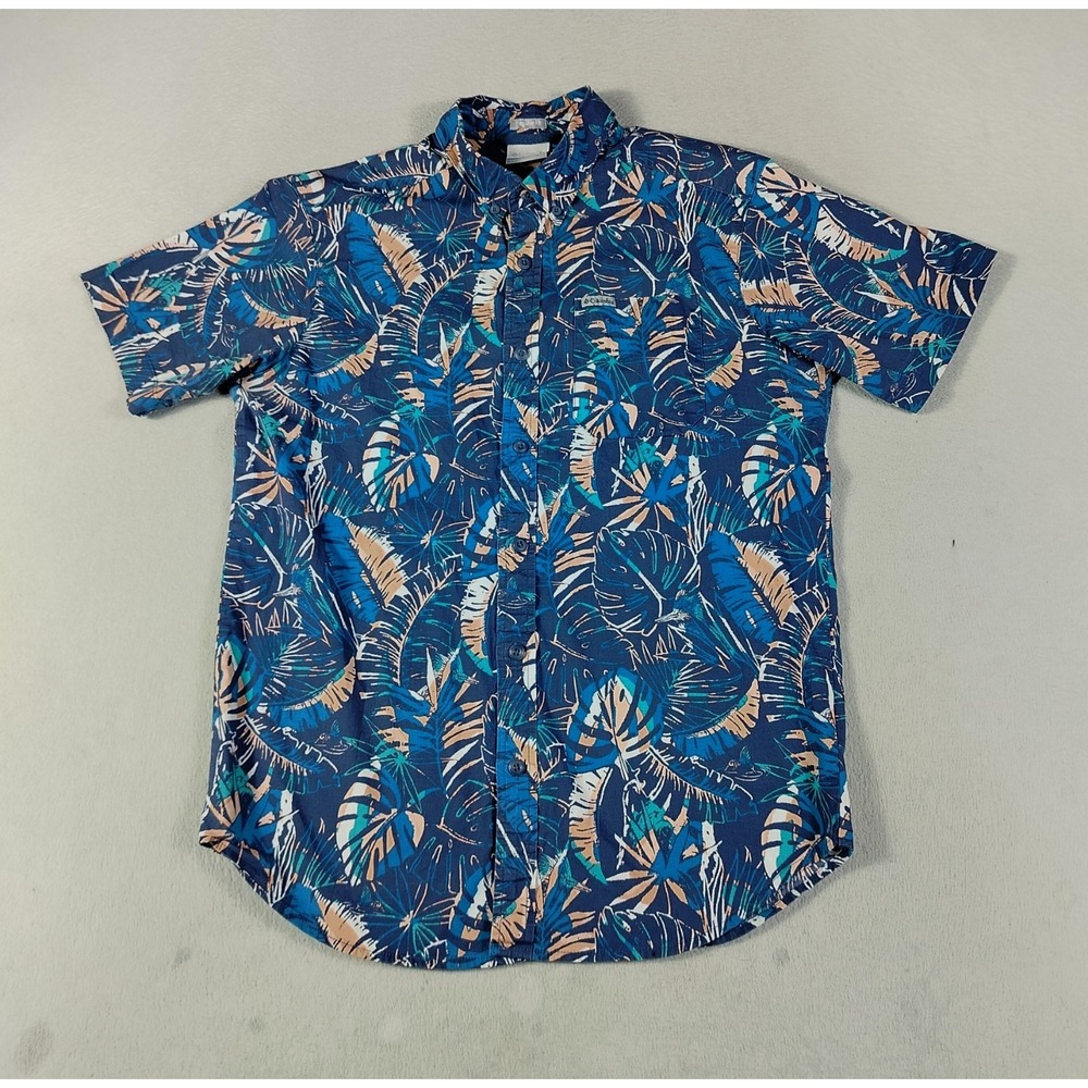 Columbia Shirt Mens Small Blue Tropical Leaf Print Short Sleeve Button Up Pocket